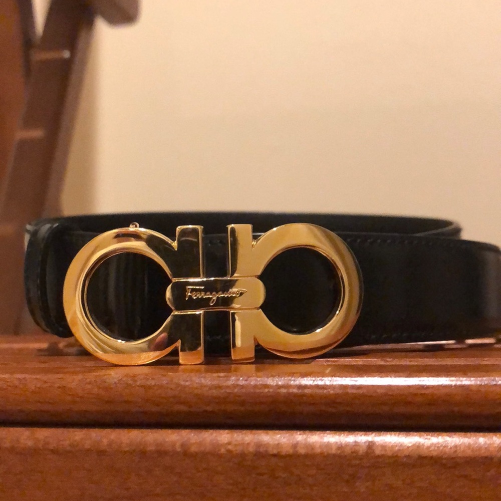 Ferragamo black belt with gold buckle